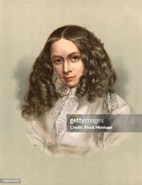 Color lithograph portrait of English poet Elizabeth Barrett Browning , mid 19th century.