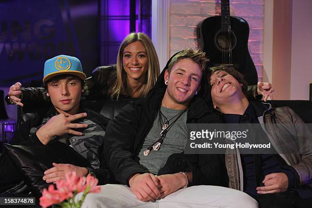 Host Tracy Behr visits with Wesley Stromberg, Drew Chadwick, and Keaton Stromberg of the band Emblem3 at the Young Hollywood Studio on December 14,...