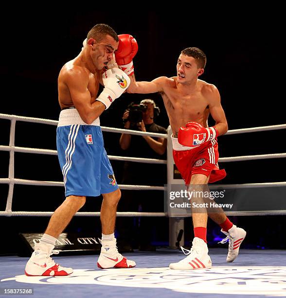 Andrew Selby of British Lionhearts in action with Redouane Asloum of German Eagles during their 50-54kg bout in the World Series of Boxing between...