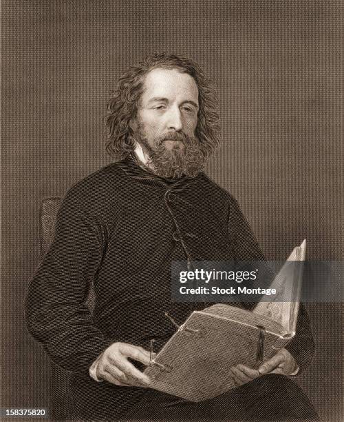 Engraving portrait of English poet Alfred, Lord Tennyson , mid to late 19th century.