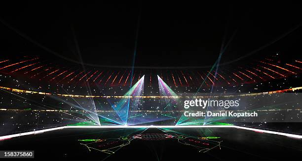 Laser show takes place after the Bundesliga match between FC Bayern Muenchen and VfL Borussia Moenchengladbach at Allianz Arena on December 14, 2012...