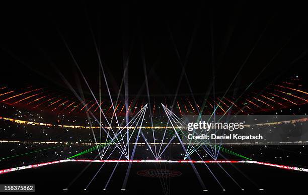 Laser show takes place after the Bundesliga match between FC Bayern Muenchen and VfL Borussia Moenchengladbach at Allianz Arena on December 14, 2012...