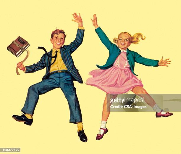 boy and girl jumping - girls school uniform stock illustrations