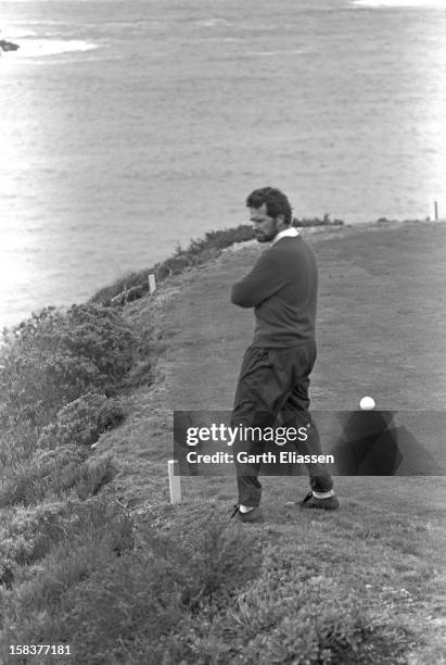 During the Bing Crosby National Pro-Amateur golf tournament, American actor James Garner waits to tee off on the course near the 16th hole at Cypress...