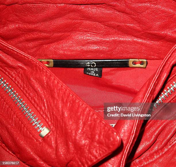 Detail of a "Beat It" jacket worn by recording artist Michael Jackson is displayed at Nate D. Sanders media preview for Michael Jackson's 1980's...
