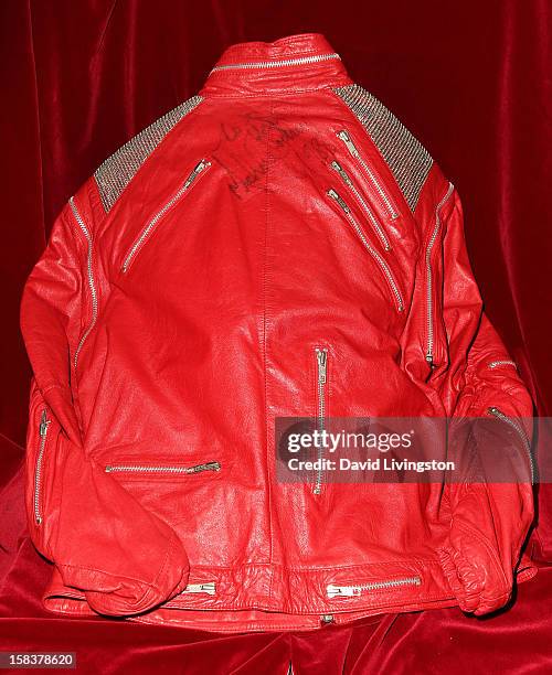 Beat It" jacket worn by recording artist Michael Jackson is displayed at Nate D. Sanders media preview for Michael Jackson's 1980's iconic stage-worn...