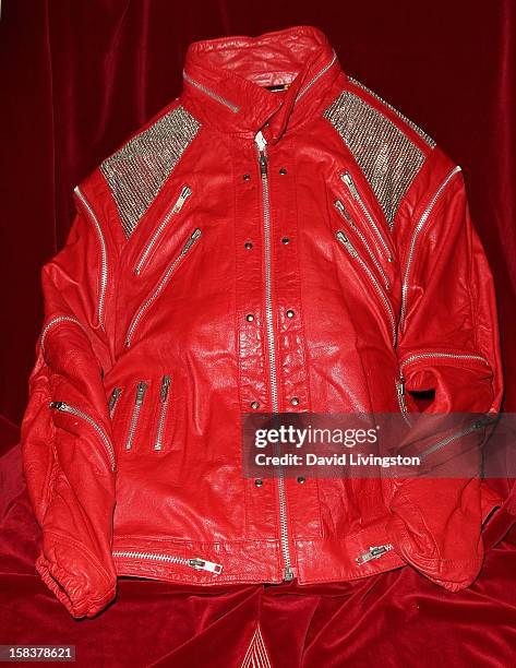 Beat It" jacket worn by recording artist Michael Jackson is displayed at Nate D. Sanders media preview for Michael Jackson's 1980's iconic stage-worn...