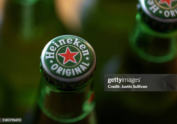 In this photo illustration, bottles of Heineken beer are displayed on July 31, 2023 in San Anselmo, California. Dutch beer maker Heineken, the...