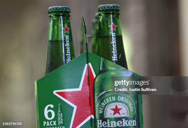 In this photo illustration, bottles of Heineken beer are displayed on July 31, 2023 in San Anselmo, California. Dutch beer maker Heineken, the...