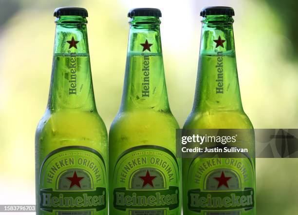 In this photo illustration, bottles of Heineken beer are displayed on July 31, 2023 in San Anselmo, California. Dutch beer maker Heineken, the...