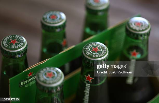 In this photo illustration, bottles of Heineken beer are displayed on July 31, 2023 in San Anselmo, California. Dutch beer maker Heineken, the...