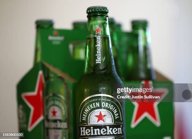 In this photo illustration, bottles of Heineken beer are displayed on July 31, 2023 in San Anselmo, California. Dutch beer maker Heineken, the...