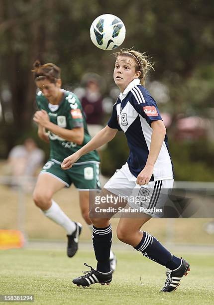 Amy Jackson of Melbourne Victory in action during the round nine W-League match between Canberra United and the Melbourne Victory at McKellar Park on...