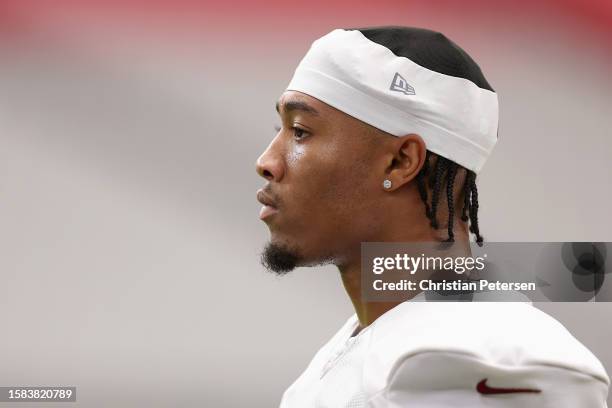 Linebacker Isaiah Simmons of the Arizona Cardinals participates in a team practice ahead of the NFL season at State Farm Stadium on July 31, 2023 in...