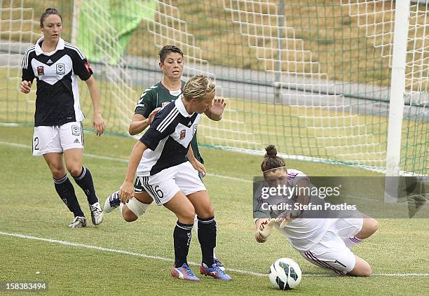 Brianna Davey of Melbourne Victory dives on a loose ball during the round nine W-League match between Canberra United and the Melbourne Victory at...