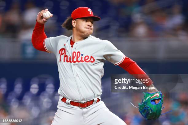 Taijuan Walker of the Philadelphia Phillies delivers a pitch against the Miami Marlins during the first inning at loanDepot park on July 31, 2023 in...