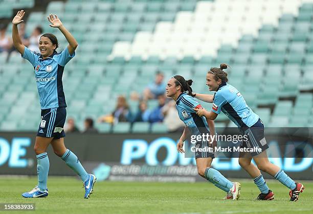 Emma Kete celebrates with teammates after scoring during the round nine W-League match between Sydney FC and Perth Glory at Allianz Stadium on...