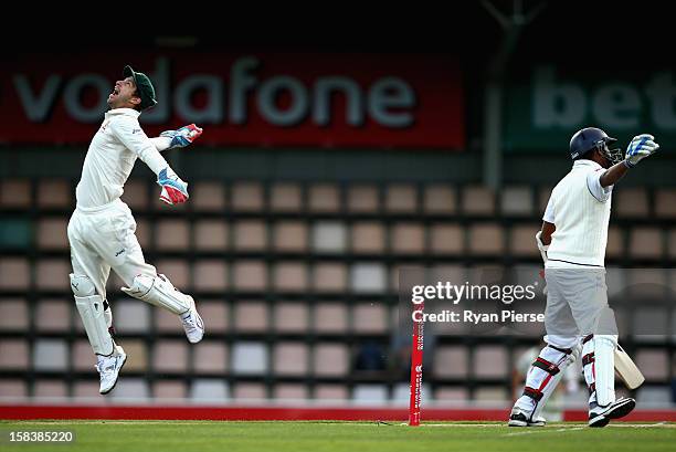 Matthew Wade of Australia celebrates after catching Thilan Samaraweera of Sri Lanka off the bowling of Nathan Lyon of Australia during day two of the...