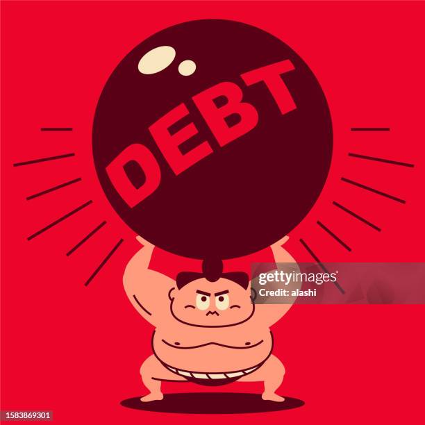 a sumo wrestler crouching, arms raised, easily lifts a large debt iron ball - big ball exercises stock illustrations