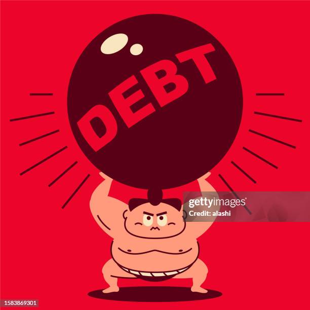 a sumo wrestler crouching, arms raised, easily lifts a large debt iron ball - sujo stock illustrations