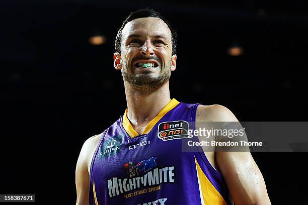 Aaron Bruce of the Kings grimaces during the round 11 NBL match between the Sydney Kings and the Wollongong Hawks at Sydney Entertainment Centre on...