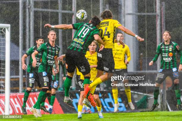 Kristoffer Hoven of Varberg and Tom Pettersson of Mjällby in action during the Allsvenskan match between Varbergs BoIS and Mjällby AIF on August 7,...