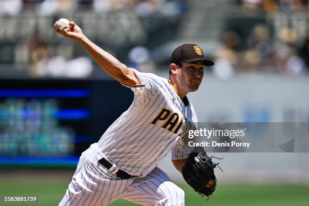 Seth Lugo of the San Diego Padres pitches during the second inning of a baseball game against the Los Angeles Dodgers on August 7, 2023 at PETCO Park...