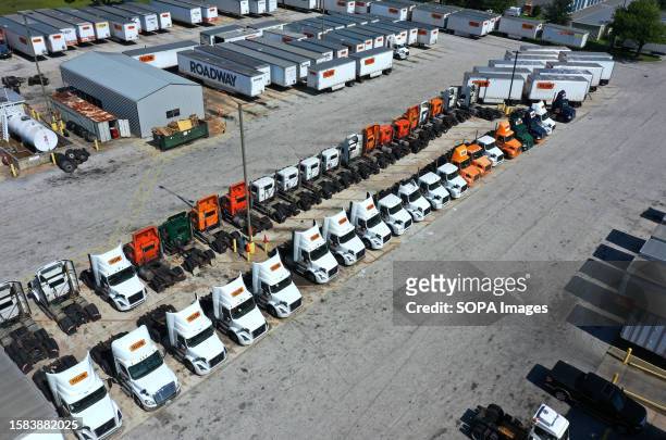 An aerial view of Yellow Corp. Trucks at a terminal in Orlando, Florida. The trucking company filed for Chapter 11 bankruptcy protection on August 6...