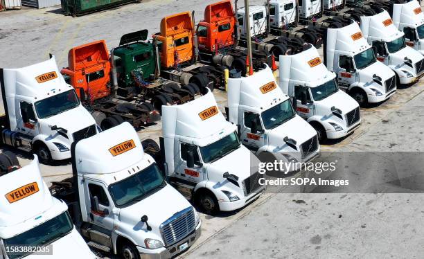 An aerial view of Yellow Corp. Trucks at a terminal in Orlando, Florida. The trucking company filed for Chapter 11 bankruptcy protection on August 6...