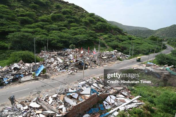 Demolished construction in Nalhar village near Shaheed Hasan Khan Mewati Medical College in a demolition drive by District administration against the...