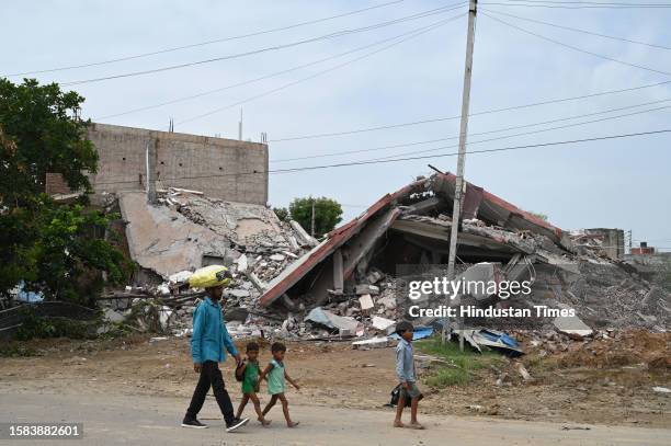 Dhaba demolished by District administration in a demolition drive against the illegal construction in Nuh after the communal violence on August 7,...