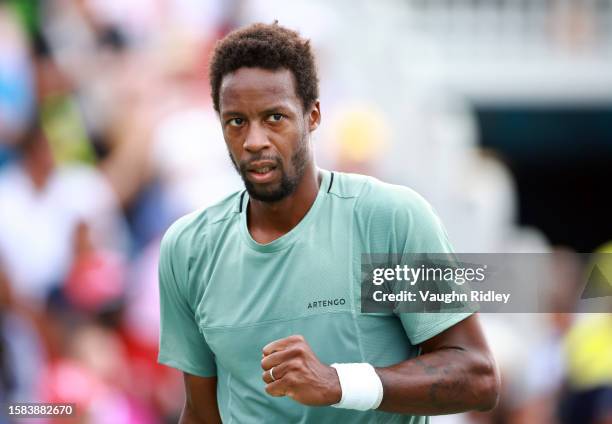 Gael Monfils of France reacts after winning a point against Christopher Eubanks of the United States during Day One of the National Bank Open, part...