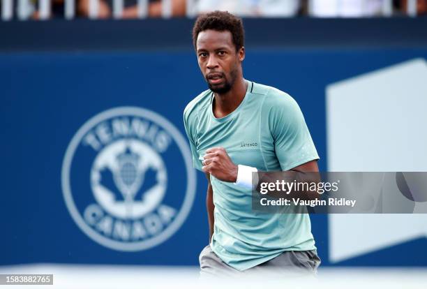 Gael Monfils of France reacts after winning a point against Christopher Eubanks of the United States during Day One of the National Bank Open, part...