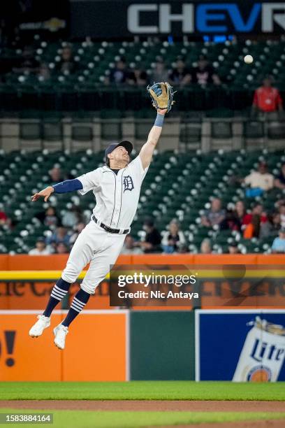 Zach McKinstry of the Detroit Tigers misses a catch against the Minnesota Twins during the top of the ninth inning at Comerica Park on August 07,...