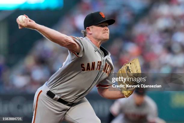 Starter Logan Webb of the San Francisco Giants pitches against the Los Angeles Angels in the second inning at Angel Stadium of Anaheim on August 7,...