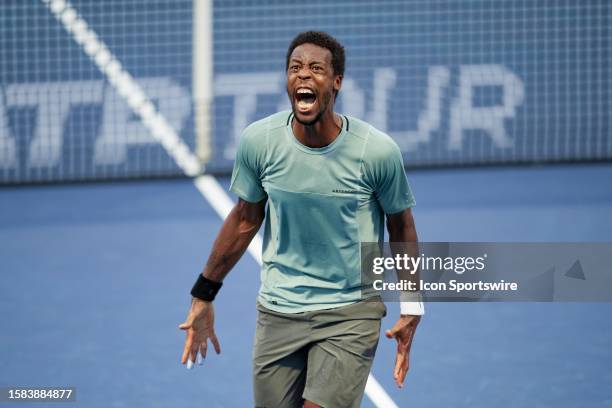 Gael Monfils of France reacts after winning a point during his first round match of the National Bank Open, part of the Hologic ATP Tour, at Sobeys...