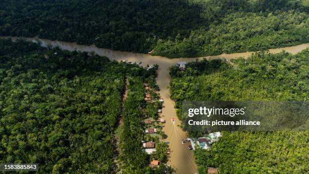 August 2023, Brazil, Belem: View of the Guama River and Combu Island in the Amazon rainforest. People live on the banks of the Guama in wooden huts...