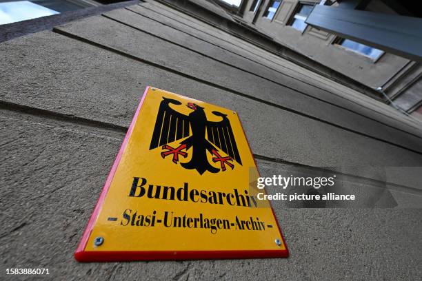 August 2023, Berlin: The entrance to the Stasi documents archive in the former Stasi headquarters. Photo: Soeren Stache/dpa