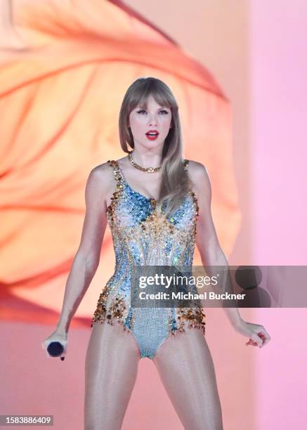 Taylor Swift performs onstage at the "Taylor Swift | The Eras Tour" at SoFi Stadium on August 7, 2023 in Los Angeles, California.