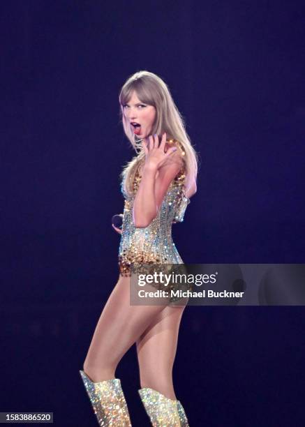 Taylor Swift performs onstage at the "Taylor Swift | The Eras Tour" at SoFi Stadium on August 7, 2023 in Los Angeles, California.