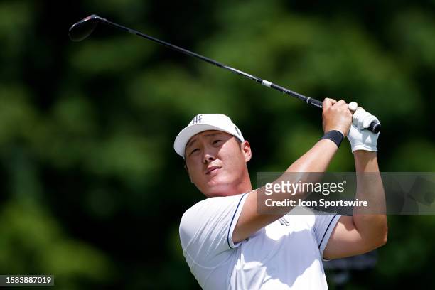 Danny Lee of New Zealand hits a drive at the 9th hole on day one of the LIV Golf Greenbrier at The Old White Course on August 04, 2023 at White...