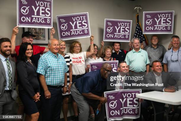 People gather at the Marion County Republican Party headquarters after discussing Issue 1 in Marion, OH on July 13, 2023. Issue 1 is an effort to...