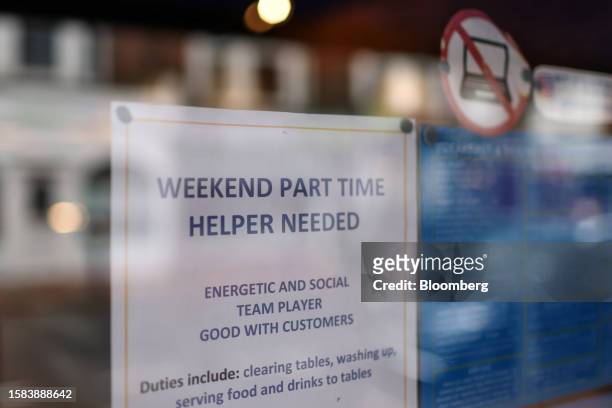 Job advertisement displayed in a cafe window in Eastbourne, UK, on Saturday, Aug. 5, 2023. A jobs boom in Britain's seaside towns is running out of...