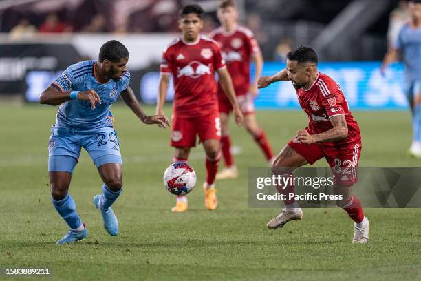 Tayvon Gray of NYCFC and Lucas Lima Linhares of Red Bulls chase ball during the round of 32 League Cup 2023 match between York Red Bulls and NYCFC at...