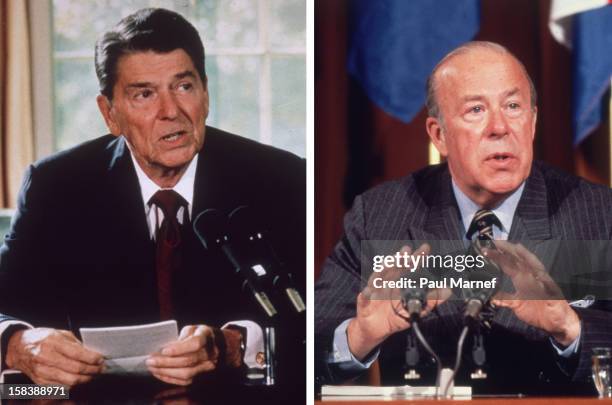 In this composite image a comparison has been made between former US President Ronald Reagan and his serving Secretary of State George Shultz....