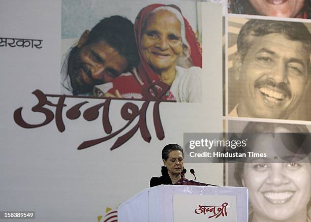 Chairperson Sonia Gandhi during the launch of the Delhi Annshree Yojana on December 15, 2012 in New Delhi, India. Under the scheme monthly cash...