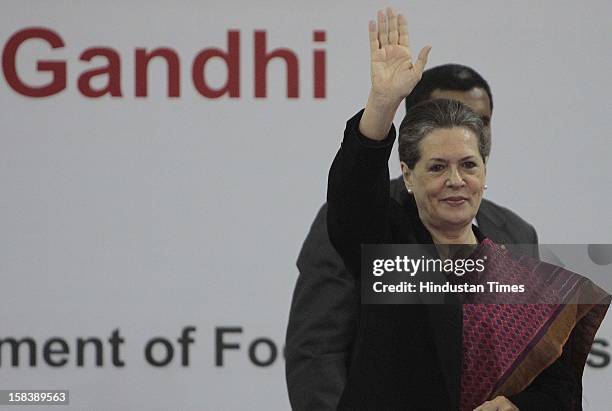 Chairperson Sonia Gandhi during the launch of the Delhi Annshree Yojana on December 15, 2012 in New Delhi, India. Under the scheme monthly cash...