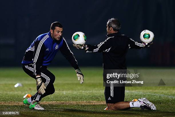 Goalkeeper Ross Turnbull warms up during the Chelsea training session at Marinos Town on December 15, 2012 in Yokohama, Japan.