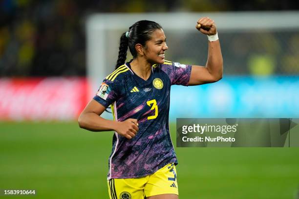 Daniela Alexandra Arias Rojas of Colombia and America de Cali celebrates victory after the FIFA Women's World Cup Australia &amp; New Zealand 2023...