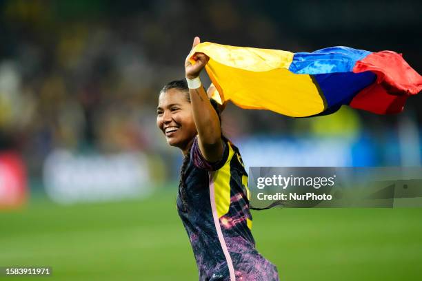 Daniela Alexandra Arias Rojas of Colombia and America de Cali celebrates victory after the FIFA Women's World Cup Australia &amp; New Zealand 2023...